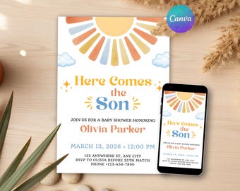 Here Comes the Son Baby Shower, Editable Sunshine Invitation, Blue Boy Sunshine, Boho Sun Template