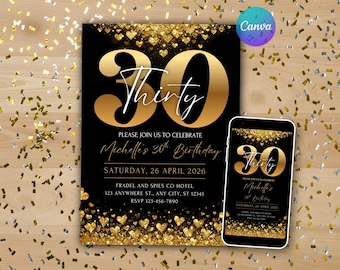 30th Birthday Invitation Gold and Black Editable Confetti Birthday Invite Design Digital Download