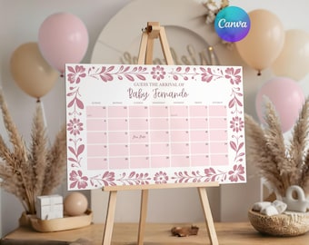 Cielito Lindo Baby Shower Due Date Calendar, Pink Papel Picado, Talavera Digital Download