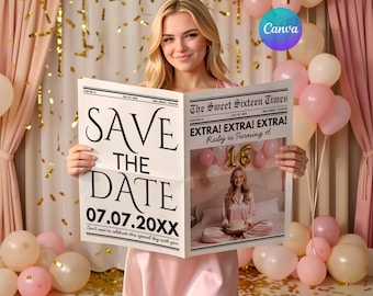 Editable Sweet Sixteen Save the Date Newspaper Canva Template | 16th Birthday Custom Newspaper | Sweet 16 Digital Download
