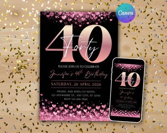 40th Birthday Invitation Glitter Pink and Black Editable Confetti Birthday Invite Digital Download
