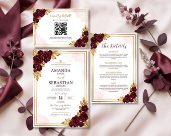 Modello di invito di nozze bordeaux / Invito floreale modificabile per la cerimonia di unione / Programma di nozze stampabile, download digitale da Canva