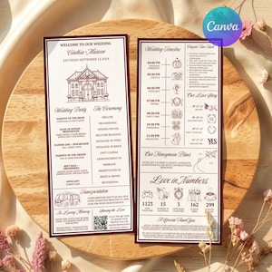 Op de afbeelding: Twee verticale trouwkaarten met donkerrode randen en tekst op een crèmekleurige achtergrond. De linkerkaart bevat een illustratie van een gebouw, de lijst met bruiloftsgasten, de ceremonievolgorde en vervoersdetails. De rechterkaart toont een tijdlijn, liefdesverhaal, huwelijksreisplannen en een sectie over liefde in cijfers.
