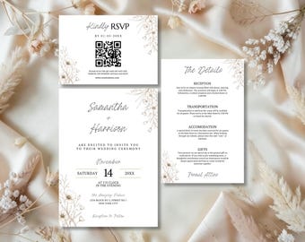 Plantilla de invitación de boda floral / Diseño de invitación de unidad con flores de lujo / Programa de boda imprimible (descarga digital en Canva)