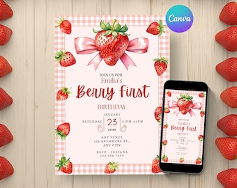 Berry First Birthday Invitation, Strawberry Themed Party Invite (Digital Download)