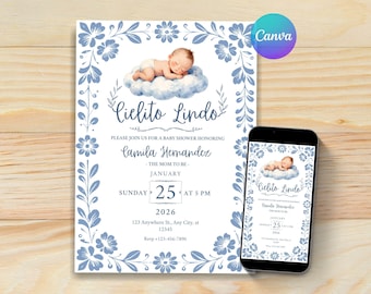 Cielito Lindo Baby Shower Invitation, Blue Editable Papel Picado Invite, Talavera Digital Download