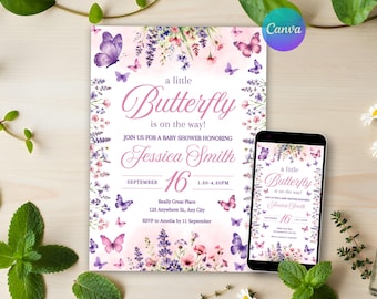 Butterfly Baby Shower Invitation, Pink And Purple Invite, Baby in Bloom Digital Download