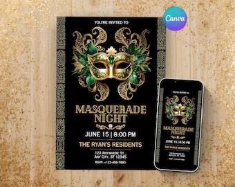 Masquerade Party Invitation, Gold and Green Theme of Masquerade, Mask Ball Invite, Instant Download