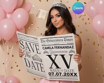 Editable Quinceañera Save the Date Newspaper Editable Template | Mis Quince Años | Quinceanera sweet sixteen Canva Digital Download