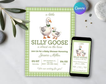 Silly Goose Baby Shower, Green Pattern Design Geese Invitation, Digital Download