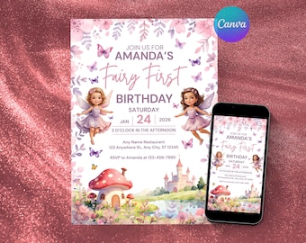Fee erste Geburtstagseinladung 1. Geburtstag einladen Rosa Lila Blumen Buchstabe Canva Vorlage