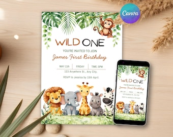 Safari Jungle First Birthday Invitation Wild One Birthday Watercolor Animals Theme Design Digital Download