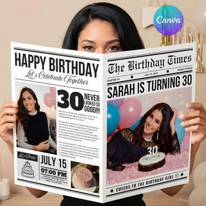 Birthday Newspaper Template, Invitation Party, Editable Canva Custom Multi-Page Large Newspaper Keepsake Digital Download