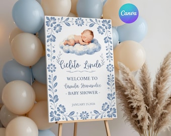 Cielito Lindo Baby Shower Welcome Sign, Blue Papel Picado Invite, Talavera Digital Download