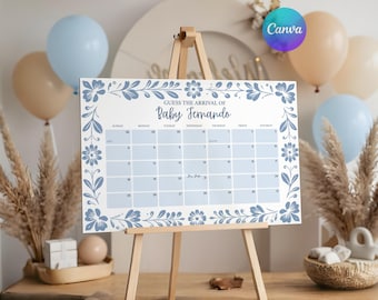 Cielito Lindo Baby Shower Due Date Calendar, Blue Papel Picado, Talavera Digital Download