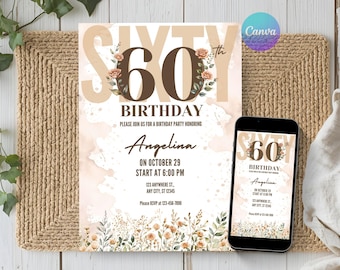 60th Birthday Invitation Floral Letters Flowers Party Design Rose Gold Birth Day Editable Template