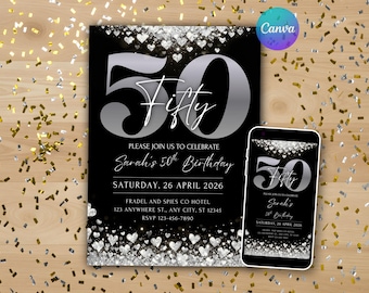 50th Birthday Invitation Glitter Silver and Black Editable Confetti Birthday Invite Digital Download