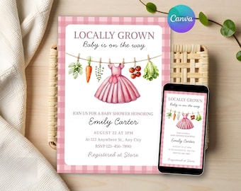 Locally Grown Baby Shower, Farmers Market Invitation, Pink Baby Sprinkle Invite , Digital Download