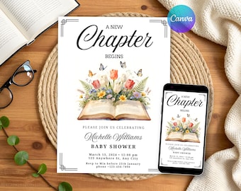 A New Chapter Begins Baby Shower, Storybook Fairystyle Wildflower Floral Style Invitation, Digital Download