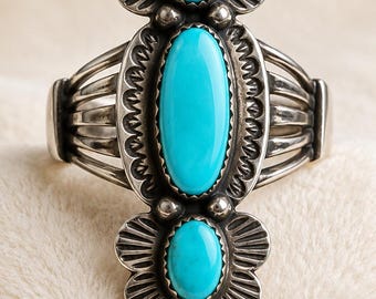 Triple Turquoise Statement Ring, Ornate Silver Southwestern Boho Jewelry
