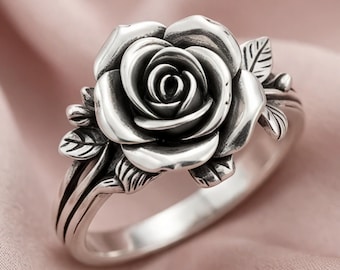 Sterling Silver Rose Flower Ring, Botanical Statement Jewelry