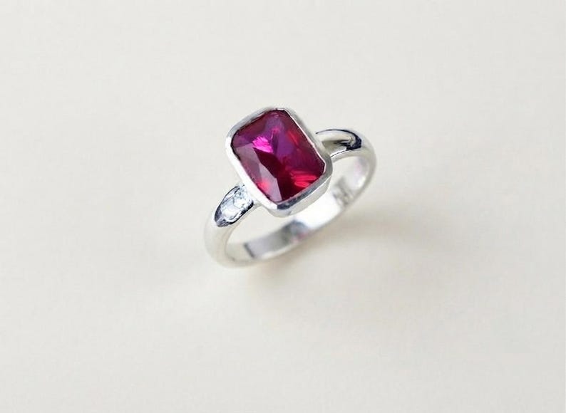 Rectangle Ruby Solitaire Ring | Silver-Tone Minimalist Statement Jewelry image 1