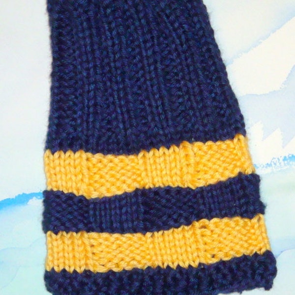 Toe Warmer (Cast Sock) for adult / teen hand knit in warm, comfy acrylic yarn in navy blue with gold stripes