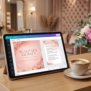 Op de afbeelding: Een digitale tablet met een "Scalp Spa Journey" presentatie, geplaatst op een houten tafel. Een kopje koffie, een vaas met bloemen en een gouden visitekaartje staan ook op de tafel. De achtergrond toont een saloninterieur met spiegels en stoelen.