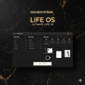 Need help? Guide vir life exchange?A digital interface with the text "LIFE OS" and "ULTIMATE LIFE OS" in gold lettering. Notion system navijate you to Victory!
