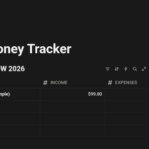 Puede incluir: Interfaz de seguimiento de dinero de tema oscuro con el t&iacute;tulo "Money Tracker" y "CASH FLOW 2026". La interfaz incluye secciones para ingresos y gastos, con un bot&oacute;n "Nuevo" y una tabla que muestra datos financieros.