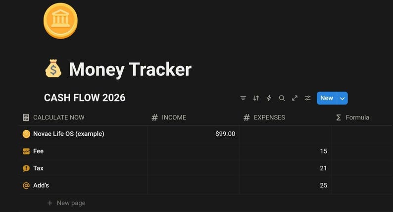 Puede incluir: Interfaz de seguimiento de dinero de tema oscuro con el t&iacute;tulo "Money Tracker" y "CASH FLOW 2026". La interfaz incluye secciones para ingresos y gastos, con un bot&oacute;n "Nuevo" y una tabla que muestra datos financieros.