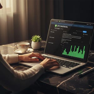 Puede incluir: Una persona usando una computadora port&aacute;til que muestra el texto "LIFE PROTOCOL" y un gr&aacute;fico de barras verde. Una taza de t&eacute;, una peque&ntilde;a suculenta y un bol&iacute;grafo est&aacute;n sobre la mesa. La mesa tiene un patr&oacute;n de m&aacute;rmol negro y gris.