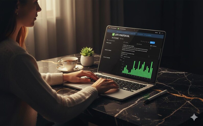 Puede incluir: Una persona usando una computadora port&aacute;til que muestra el texto "LIFE PROTOCOL" y un gr&aacute;fico de barras verde. Una taza de t&eacute;, una peque&ntilde;a suculenta y un bol&iacute;grafo est&aacute;n sobre la mesa. La mesa tiene un patr&oacute;n de m&aacute;rmol negro y gris.