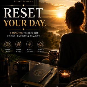 May include: A digital advertisement with the text "RESET YOUR DAY" in gold lettering. The image features a woman looking out a window at a sunset, with a journal, coffee mug, and candle in the foreground. Icons promote clear mind, sharp focus, boost energy, and reduce stress.