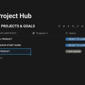 Puede incluir: Una interfaz digital de tema oscuro muestra un panel de gesti&oacute;n de proyectos titulado "Project Hub". La interfaz enumera los proyectos y objetivos activos, incluyendo "AI DIGITAL PRODUCT", "ETSY QUICK-START GUIDE" y "MY NEW PRODUCT". Los indicadores de estado muestran "READY TO LEARN" y "Not started".