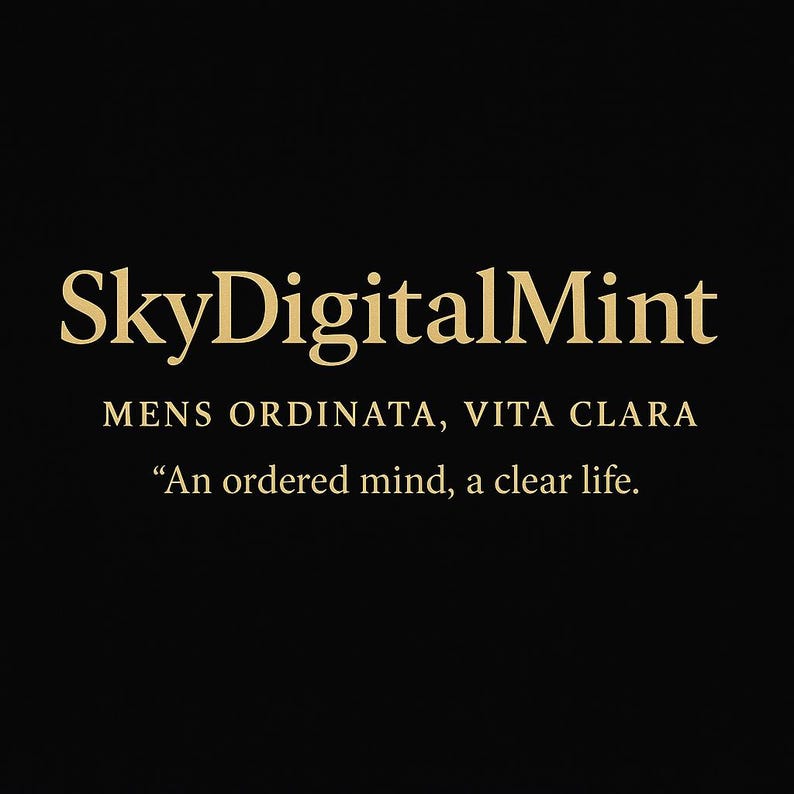 Puede incluir: Texto dorado sobre fondo negro: "SkyDigitalMint" sobre "MENS ORDINATA, VITA CLARA" y la cita "Una mente ordenada, una vida clara."