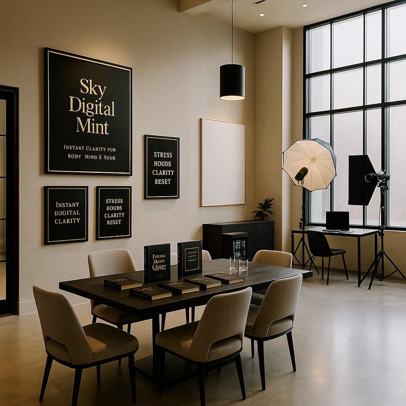 Puede incluir: Un interior moderno con una mesa de madera oscura rodeada de sillas beige. Carteles enmarcados en negro en la pared dicen "Sky Digital Mint" y "Instant Clarity". Libros y un vaso de agua est&aacute;n sobre la mesa. Una gran ventana proporciona luz natural.