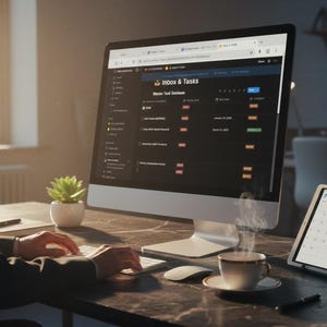Puede incluir: Una persona trabajando en un escritorio con un monitor de computadora que muestra una interfaz de gesti&oacute;n de tareas. Una tableta con un calendario tambi&eacute;n est&aacute; en el escritorio. Tambi&eacute;n se ven una taza de caf&eacute; y una planta peque&ntilde;a.