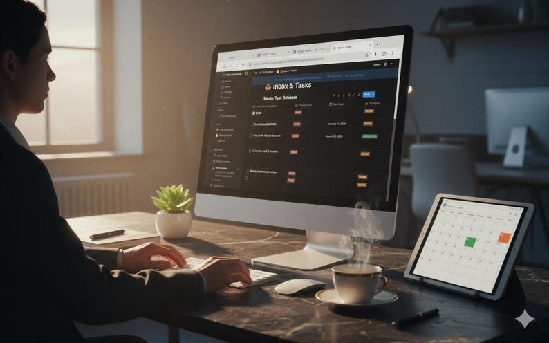 Puede incluir: Una persona trabajando en un escritorio con un monitor de computadora que muestra una interfaz de gesti&oacute;n de tareas. Una tableta con un calendario tambi&eacute;n est&aacute; en el escritorio. Tambi&eacute;n se ven una taza de caf&eacute; y una planta peque&ntilde;a.