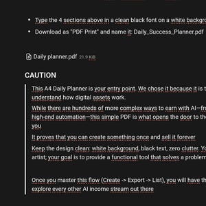 Puede incluir: Captura de pantalla de una interfaz de planificador digital con un tema oscuro. La barra lateral izquierda muestra opciones como "Reuniones" e "Inbox". El contenido principal muestra instrucciones de texto en fuente negra limpia sobre fondo blanco, con una secci&oacute;n "CAUTION".