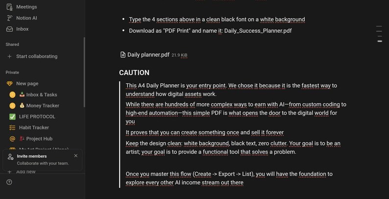 Puede incluir: Captura de pantalla de una interfaz de planificador digital con un tema oscuro. La barra lateral izquierda muestra opciones como "Reuniones" e "Inbox". El contenido principal muestra instrucciones de texto en fuente negra limpia sobre fondo blanco, con una secci&oacute;n "CAUTION".