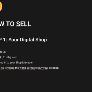 Puede incluir: Fondo negro con texto blanco que dice "C&Oacute;MO VENDER" y "PASO 1: Tu tienda digital". Una moneda de oro con un edificio est&aacute; en la esquina superior izquierda. El texto incluye "Ve a: etsy.com" y "Aqu&iacute; es donde el mundo viene a comprar tu creaci&oacute;n."