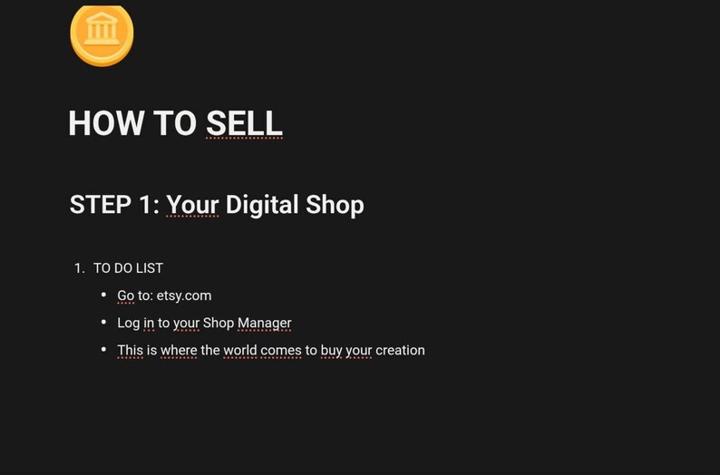 Puede incluir: Fondo negro con texto blanco que dice "C&Oacute;MO VENDER" y "PASO 1: Tu tienda digital". Una moneda de oro con un edificio est&aacute; en la esquina superior izquierda. El texto incluye "Ve a: etsy.com" y "Aqu&iacute; es donde el mundo viene a comprar tu creaci&oacute;n."
