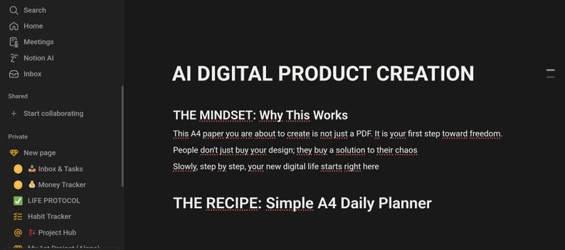Puede incluir: Una pantalla oscura muestra el texto "AI DIGITAL PRODUCT CREATION". Debajo, el texto dice "THE MINDSET: Why This Works" y "THE RECIPE: Simple A4 Daily Planner". Una barra lateral a la izquierda muestra varias opciones.