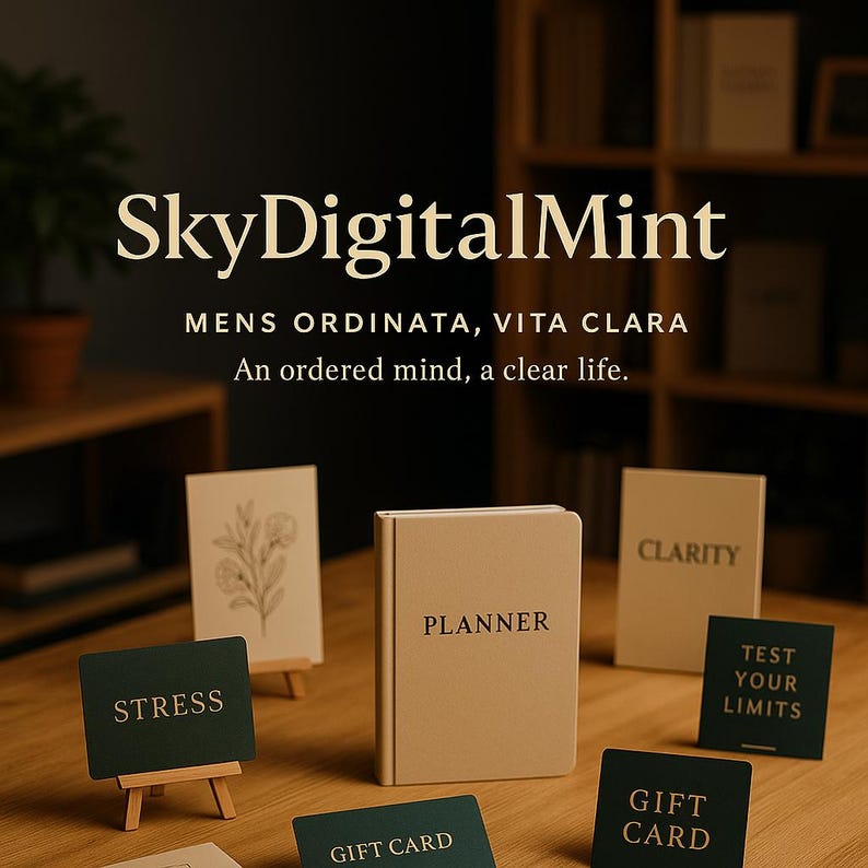 Puede incluir: Imagen de una agenda beige y peque&ntilde;as tarjetas con las palabras "Stress", "Clarity", "Test Your Limits" y "Gift Card". Tambi&eacute;n se ve el texto "SkyDigitalMint" y "An ordered mind, a clear life".