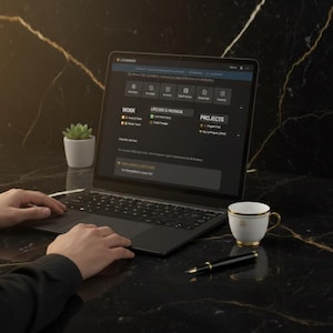 Puede incluir: Un ordenador port&aacute;til que muestra una interfaz de sitio web en una superficie de m&aacute;rmol negro. Una peque&ntilde;a suculenta en una maceta blanca, una taza de t&eacute; blanca con ribete dorado y un bol&iacute;grafo negro tambi&eacute;n est&aacute;n en la superficie.