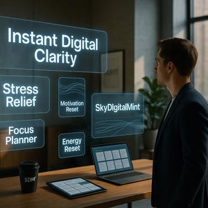 Puede incluir: Un hombre con un traje oscuro est&aacute; de pie cerca de una mesa con un port&aacute;til, una tableta y una taza de caf&eacute;. La imagen presenta superposiciones digitales con texto que incluye "Instant Digital Clarity", "Stress Relief" y "Focus Planner".