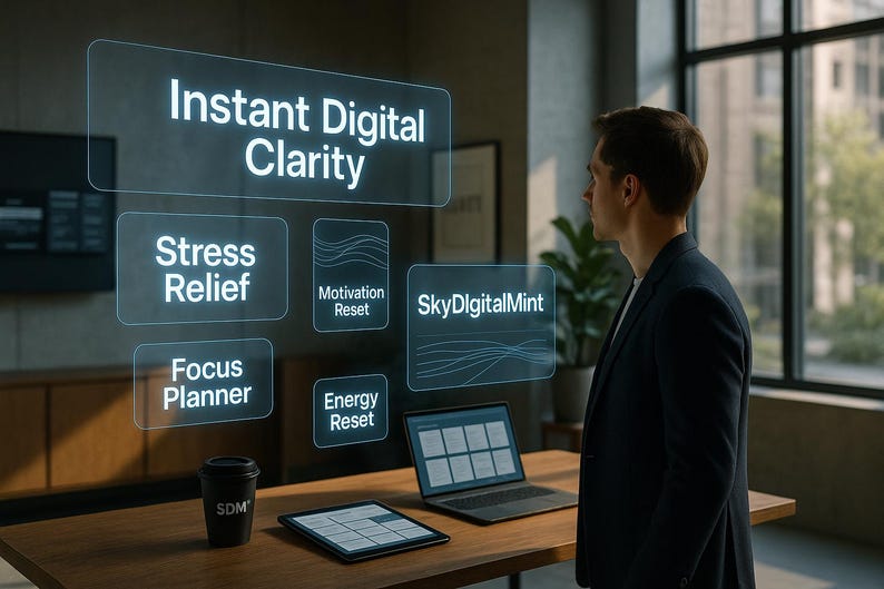 Puede incluir: Un hombre con un traje oscuro est&aacute; de pie cerca de una mesa con un port&aacute;til, una tableta y una taza de caf&eacute;. La imagen presenta superposiciones digitales con texto que incluye "Instant Digital Clarity", "Stress Relief" y "Focus Planner".