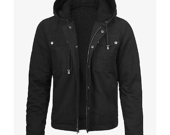 Men's Black Cotton Canvas Work Jacket, Sherpa Lined Hooded Winter Coat, Heavyweight Field Jacket with Pockets