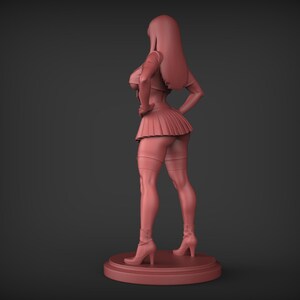 May include: A 3D-printed figurine of a person in a short pleated skirt, jacket, and high-heeled boots. The figure is posed with hands on hips, and the hair is long. The figurine is a solid, reddish-brown color and stands on a circular base.